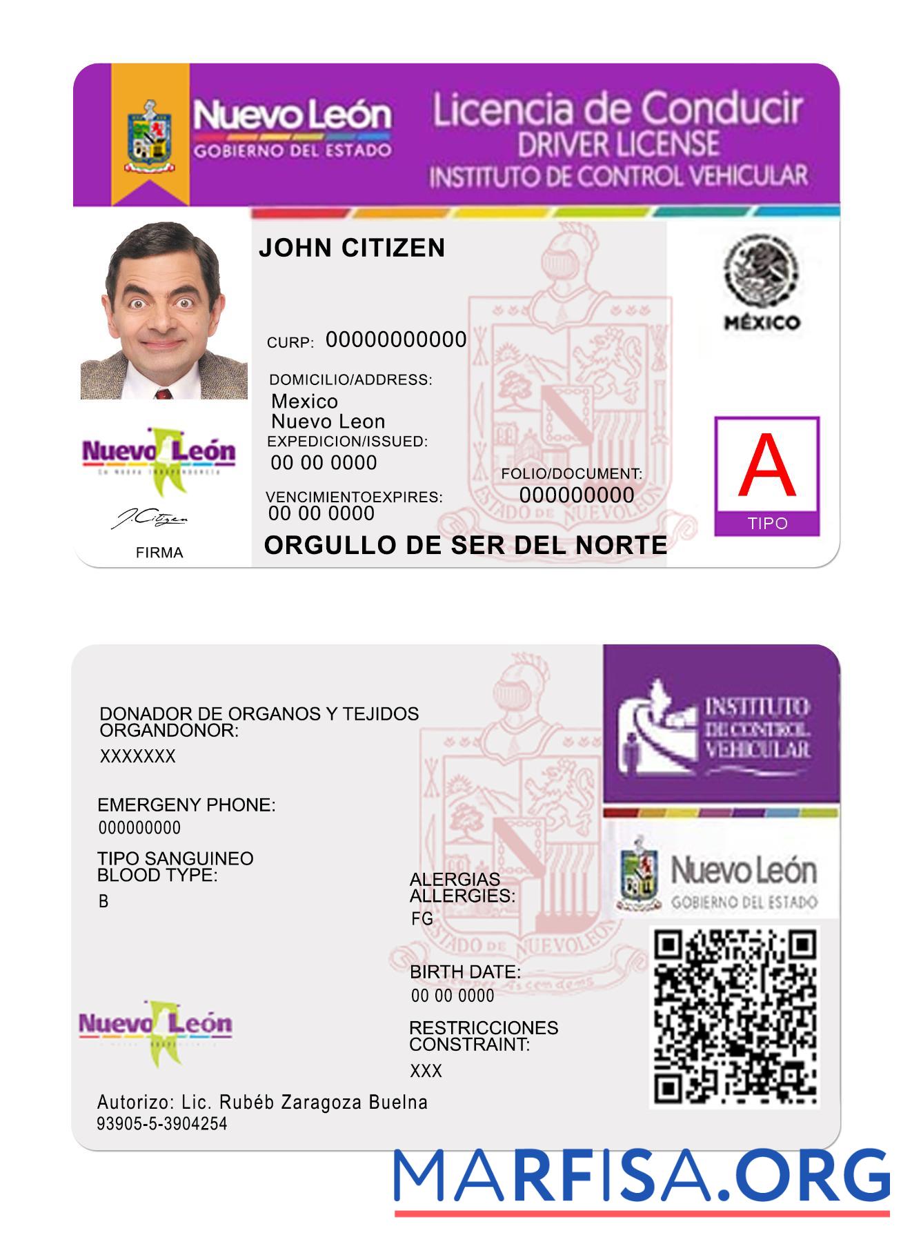 Printable Mexico Nuevo Leon driving license real example